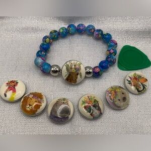 Blue Colorful Beaded Bracelet with 7 Snap Button Animal Charms